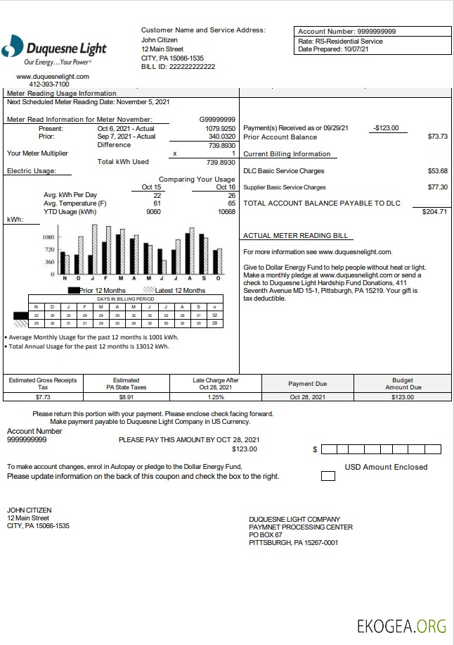 Usa Pennsylvania duquesne light company utility bill template in word and pdf format template
